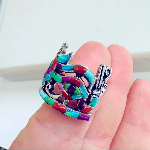 Handmade Sterling Silver Inlay Multi Gem Eye Of Horus Ring Size 11.5 - Picture 5 of 7
